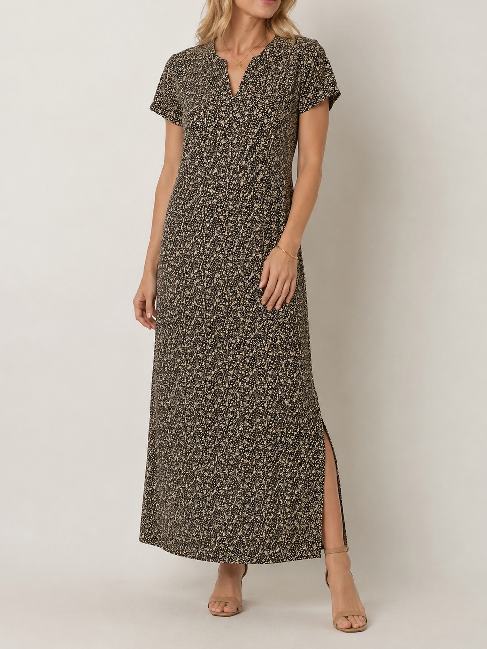 Vintage Lori Ann Collection Floral Maxi Dress Black Beige Made in Canada Size 12